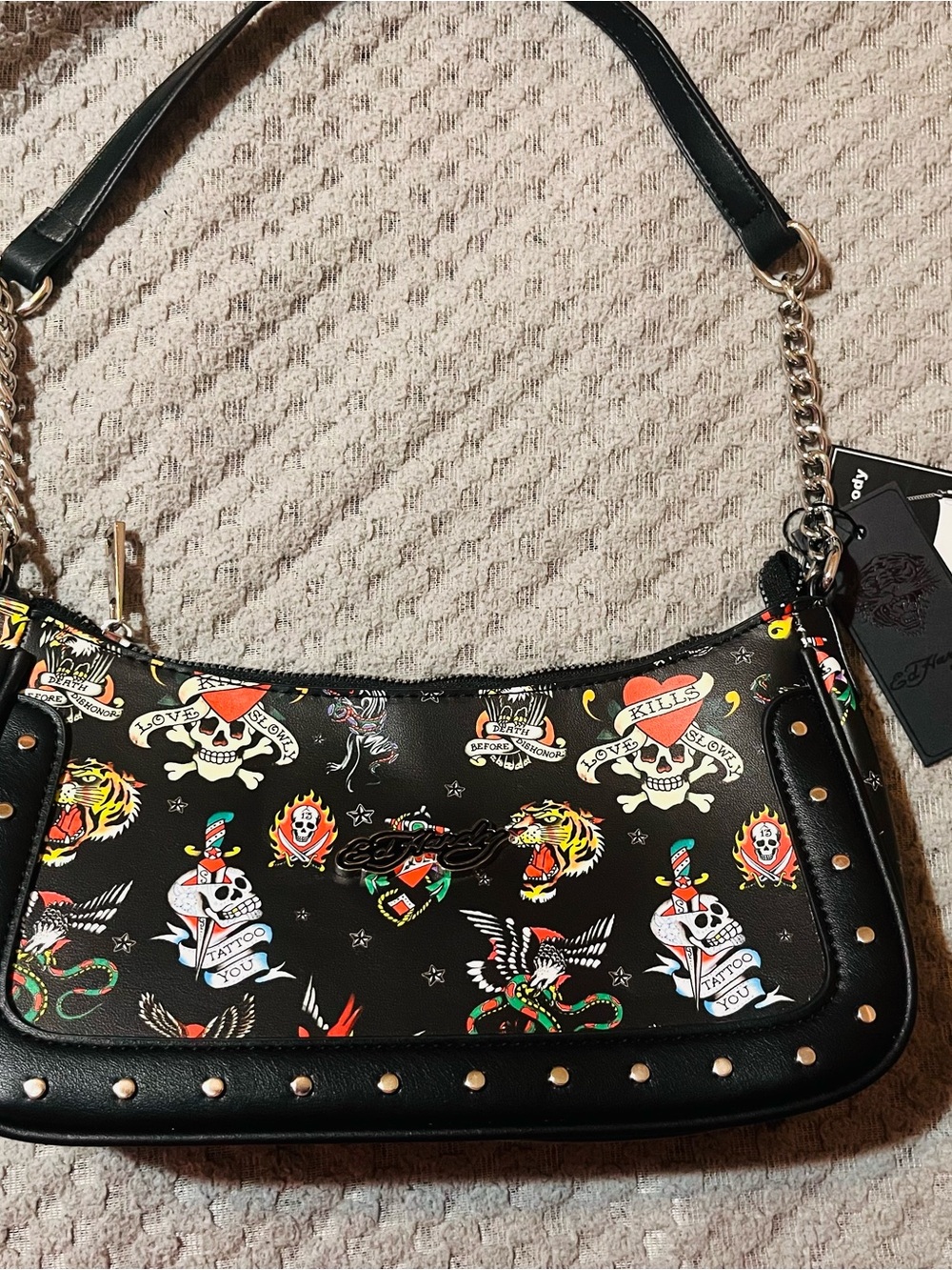 Ed Hardy Black Tattoo-Print Shoulder Bag with Gold Chain